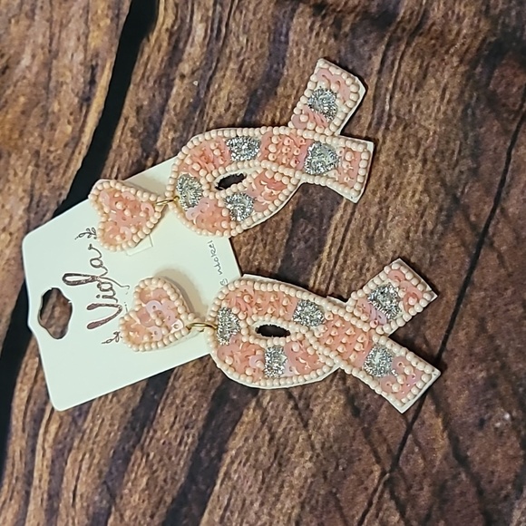 Pink Breast Cancer Ribbon Seed Bead Earrings - Picture 3 of 8